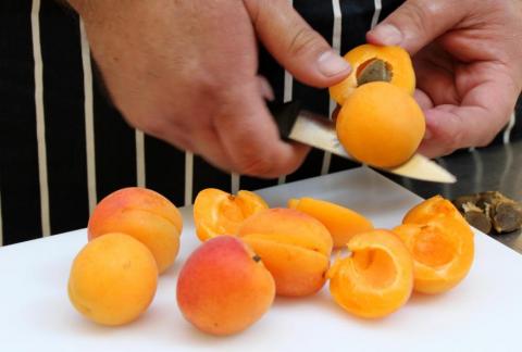 Close-up of hands slicing apricots