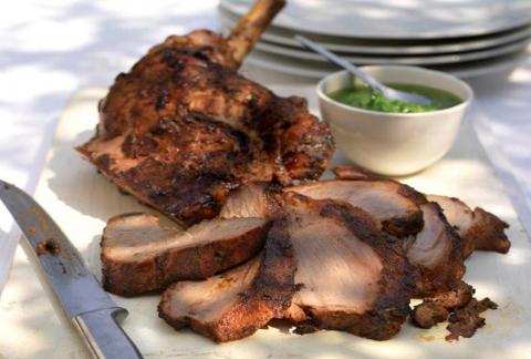 A platter of sliced BBQ lamb