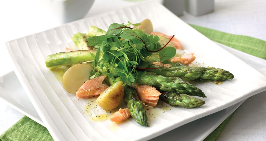 Asparagus, Jersey Royal, and smoked trout salad