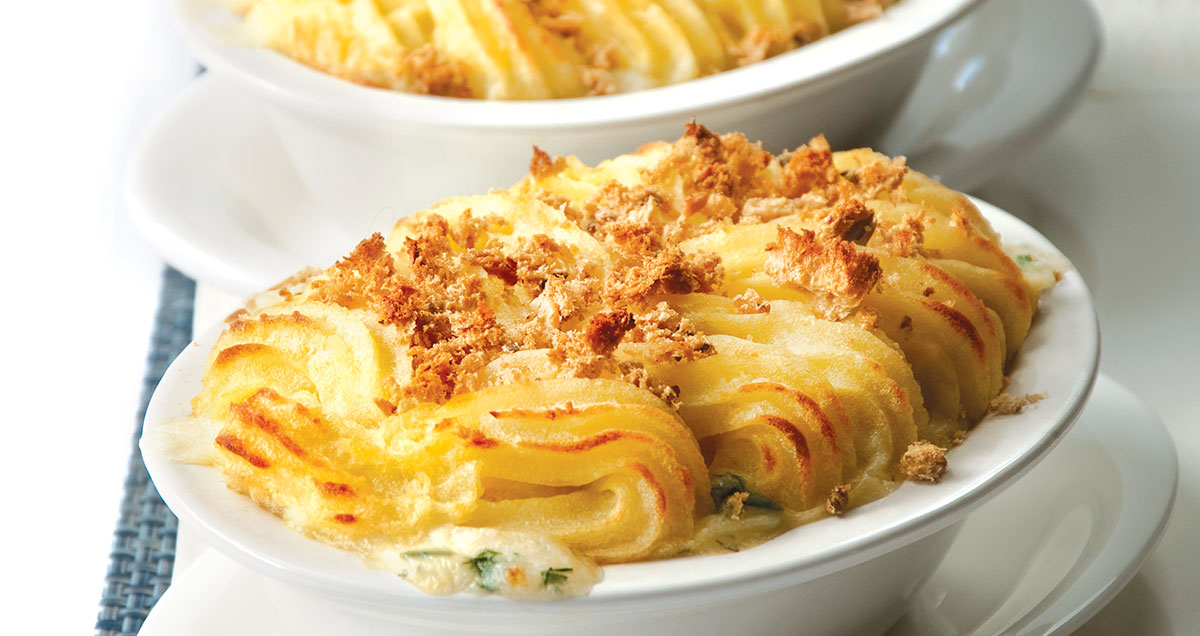 a tray of baked fish pie