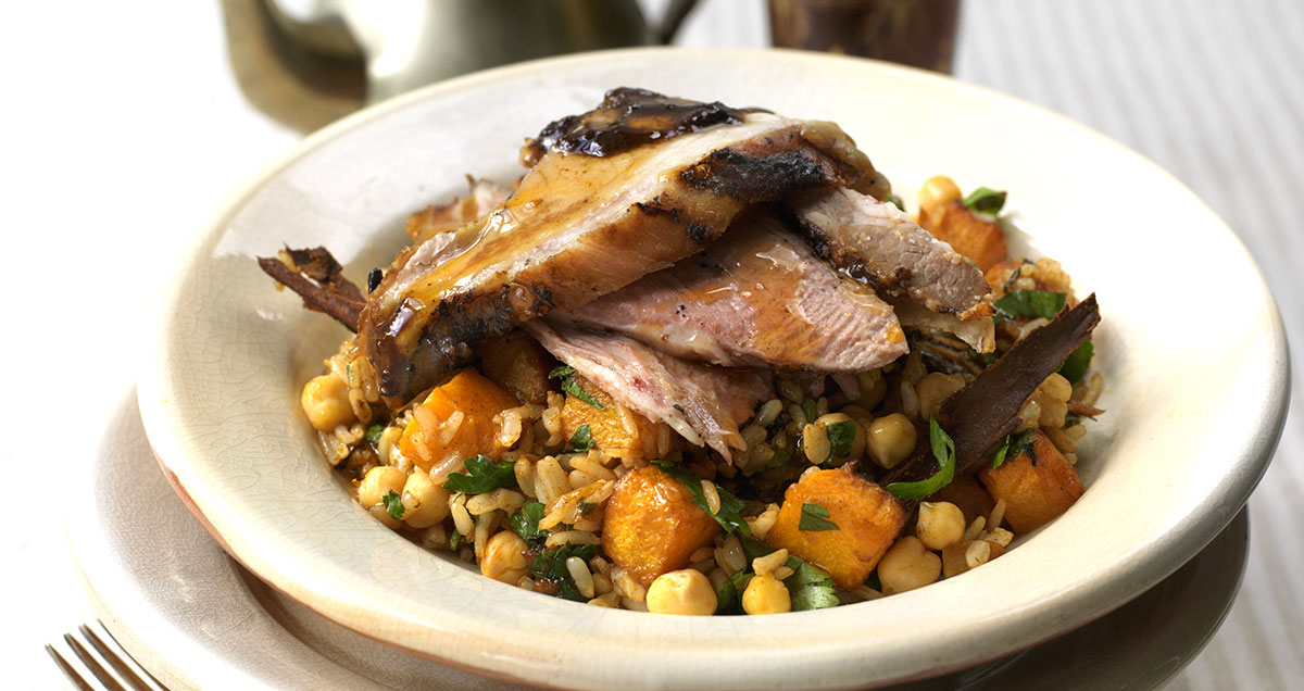 A dish of Ras el Hanout spiced lamb with Lebanese brown rice