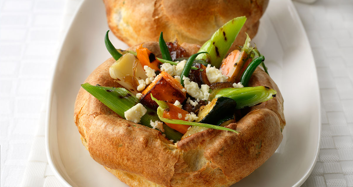 Yorkshire pudding with roasted vegetables and Cheshire cheese